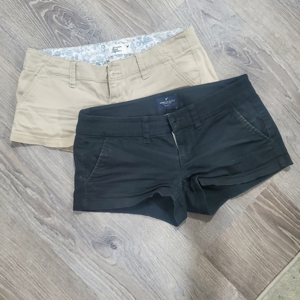 set of American eagle size 0 black and khaki shorts